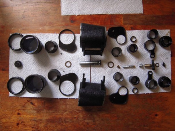 Binocular Overhaul Part II: A pair of 7 x 50's This pair got a major overhaul that included removing & cleaning the prisms. I didn't take pics of the prisms because I didn't want to set them down. Delicate work.